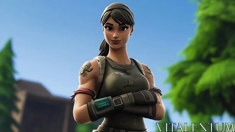 Stylized 3D game heroine rendered with soft DOF and PBR shading