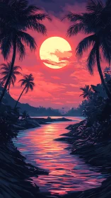 Tropical river under large sunset over silhouetted palms.