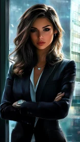 Businesswoman stands in office window light wearing dark suit
