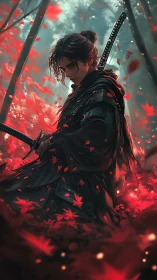 Samurai warrior stands amid crimson autumn leaves.