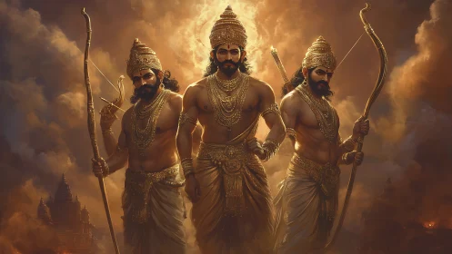 Warrior deities stride through blazing sacred storm.