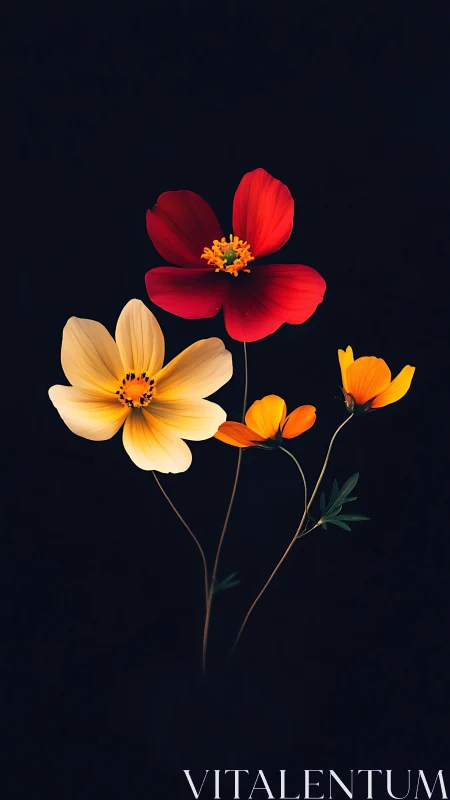 Radiant Trio: Luminous Blooms Dancing Against Darkness.