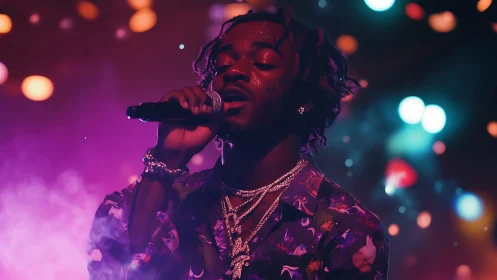 Photorealistic neon concert portrait with bokeh stage lighting.