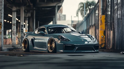 Low-slung Porsche coupe in moody industrial streetscape.