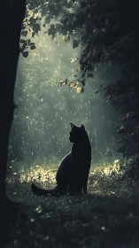 Black Cat in Forest with Volumetric Light and Rain