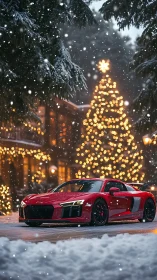 Red supercar glows against a snowy, festive chalet backdrop