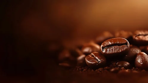 Gleaming roasted coffee beans under warm studio lighting.