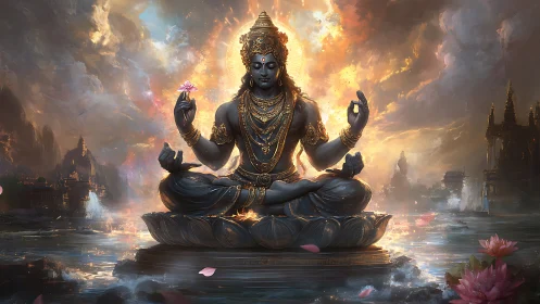 Radiant divine figure meditates calmly above glowing waters