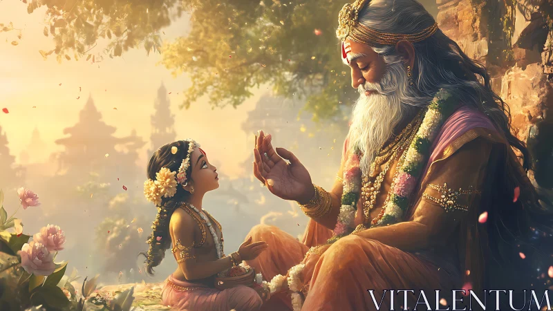 Elder and child in floral garlands amid temple landscape.