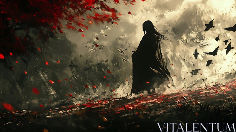 Solitary cloaked figure walks through a storm of crimson leaves