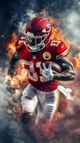 Blazing gridiron comet in red armor breaks through smoke.