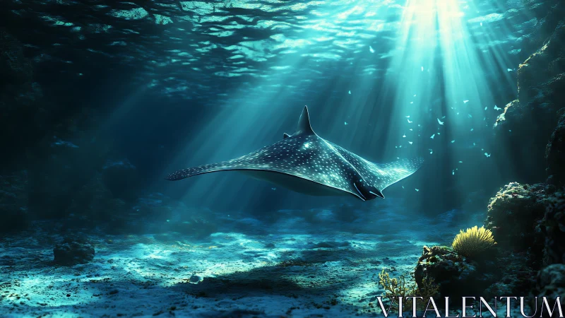 Spotted manta ray gliding through volumetric sunlit seafloor