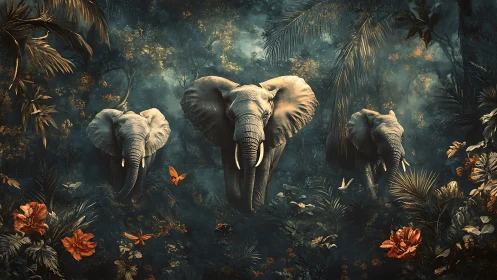 Three elephants in dense tropical foliage with butterflies.