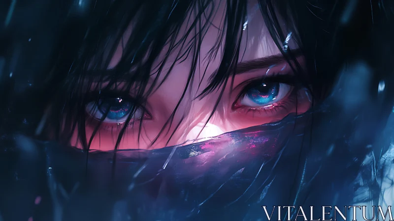 Woman’s intense blue eyes stare over glowing scarf fabric