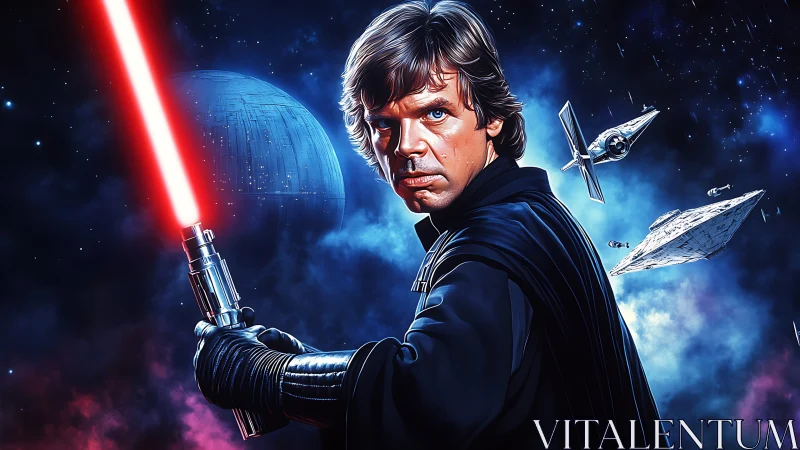 Jedi warrior with red lightsaber in deep space battle