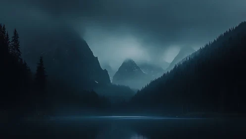 Moody misty mountains over dark forest lake at dusk.