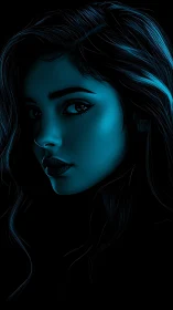 Neon blue muse emerging from darkness in electric silence.