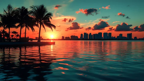 Sunset city skyline glows behind peaceful palm-lined water