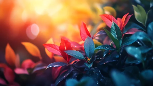 Colorful plant leaves catch warm backlight in shallow focus.