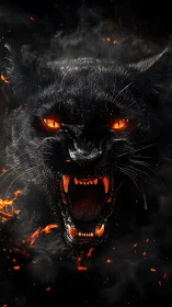 Fiery-eyed black panther roars boldly through swirling embers