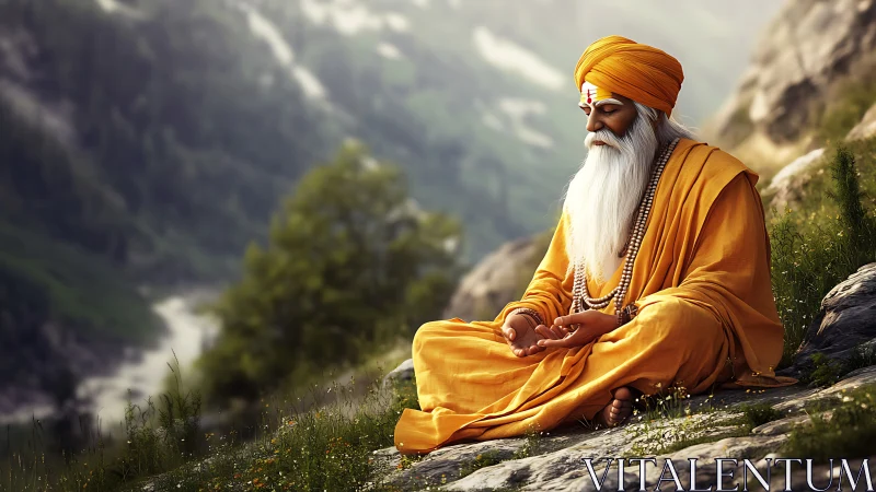 Mountain sage rests in peaceful meditation among soft light