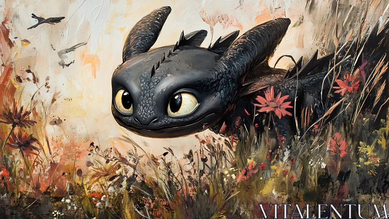 Curious black dragon peeks from wildflowers with bright joy