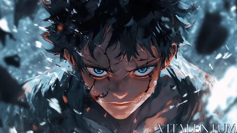 Fierce anime hero holds a steady gaze amid swirling chaos