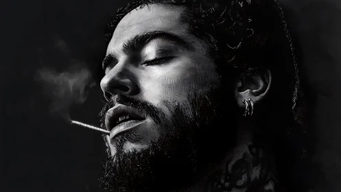Monochrome portrait of bearded smoker in dramatic chiaroscuro.