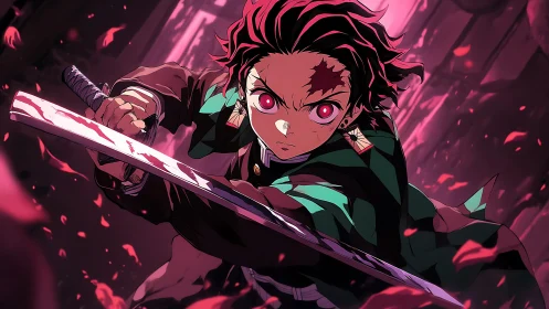 Intense swordsman in dynamic anime combat perspective.