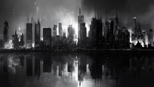 Noir metropolis skyline mirrored over hazy reflective water.