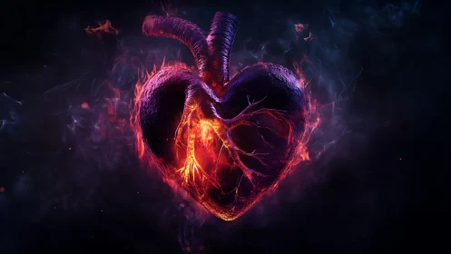 Flaming anatomical heart pulses with molten inner light.