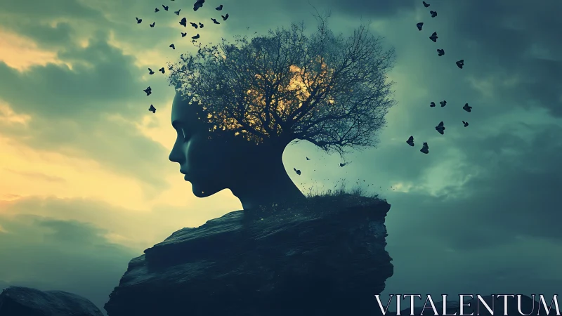 Mindtree at dusk where thoughts take wing as dark birds.