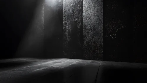 Light penetrates dark textured room and illuminates floor