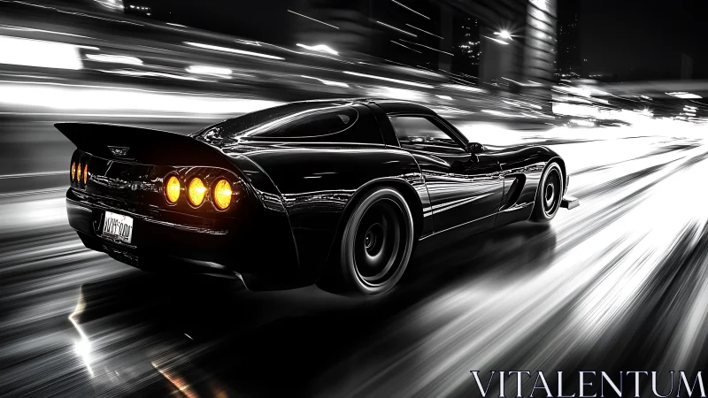 Sleek black sports car races through neon-lit city streets.