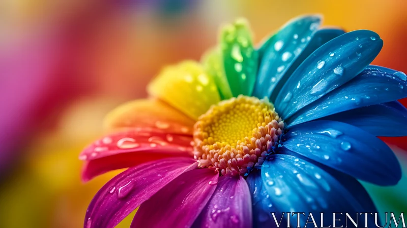 Rainbow daisy macro bursts with saturated dewy color spectrum.
