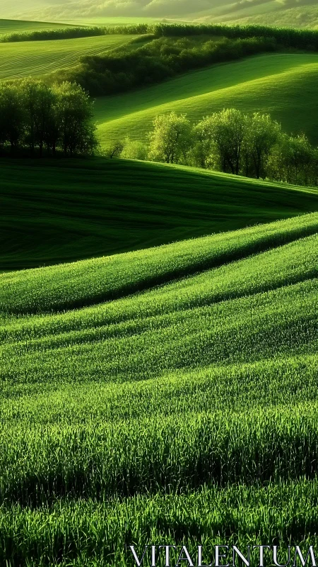 Topographic wavefields of green terraced agricultural slopes.