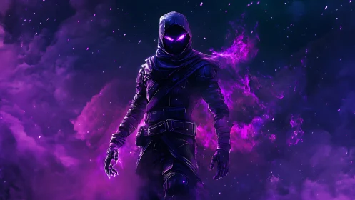 Hooded void assassin emerges through luminous violet nebula.