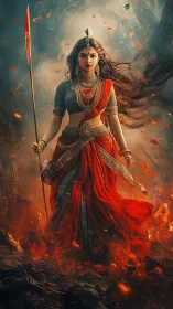 Female warrior in red sari with spear amid fire and smoke.