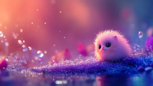 Fluffy neon kitten orb in sparkling pastel dreamscape.