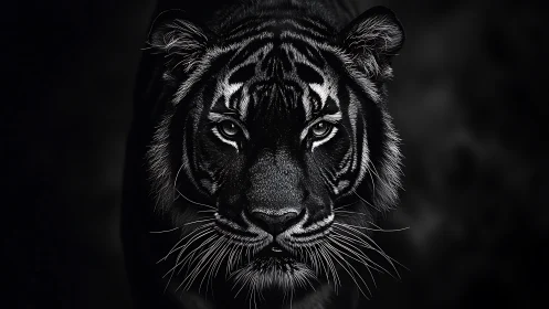 Tiger face emerges from deep shadow in dramatic monochrome.