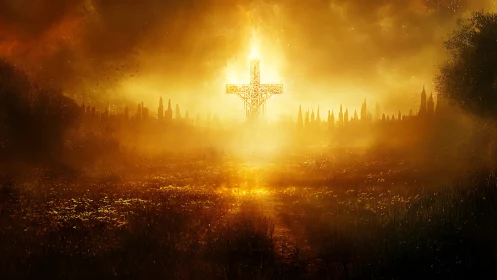 Luminous cross blazing over misty golden cityscape at dusk.