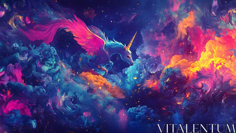 Bioluminescent winged unicorn in nebular prismatic clouds