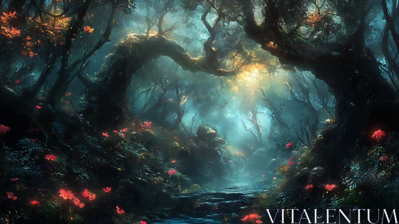 Luminescent Forest Pathway Through Ancient Gnarled Trees.