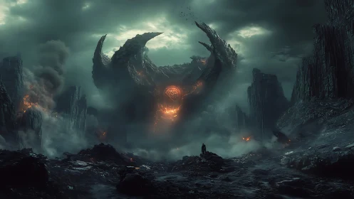 Colossal demon rises in a stormlit, volcanic wasteland
