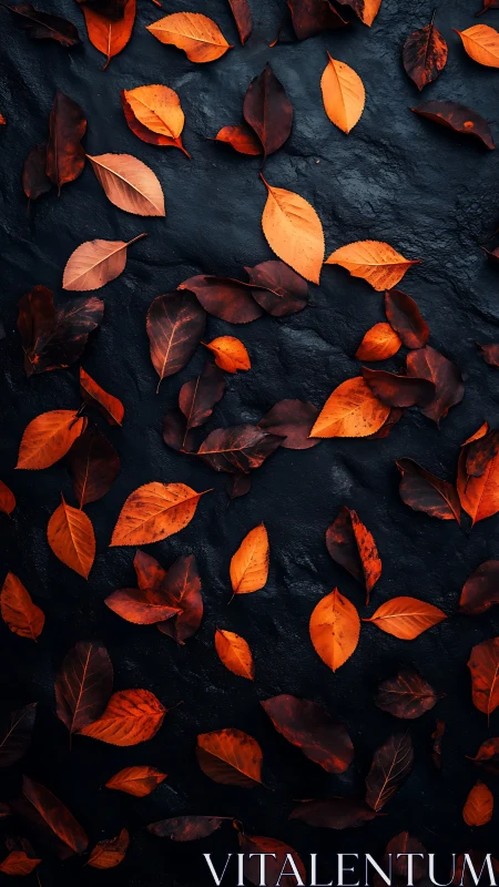Autumn leaf scatter on wet dark slate background, top-down view