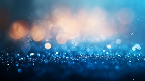 Sparkling Blue Glitter with Warm Bokeh Lights in Abstract Style.
