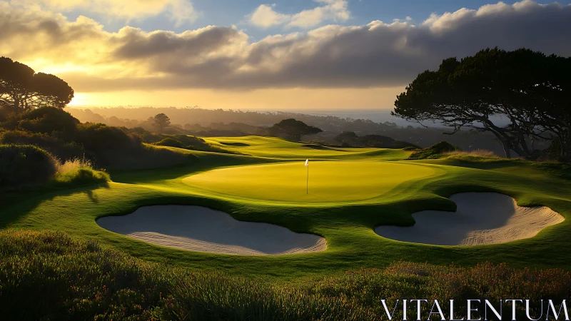 Sunset golf green with sand bunkers and coastal horizon.