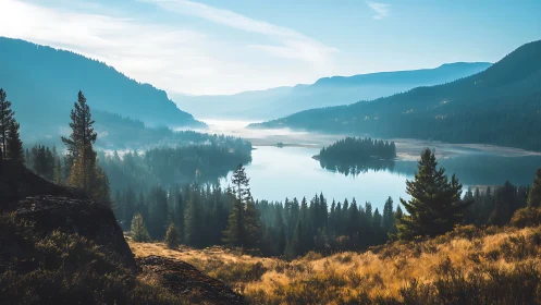 Mountain lake valley reflects pine forest and distant hills