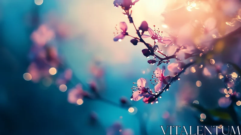 Pink flowering branch illuminated by dawn light with bokeh particles