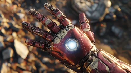 Damaged red mech gauntlet emits central repulsor glow in flight